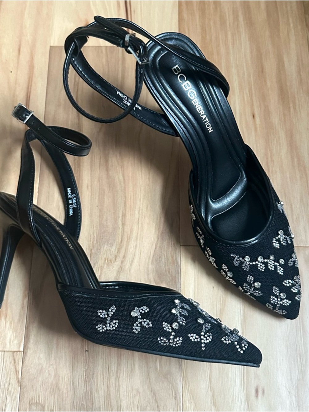 NEW BCBGeneration Black Crystal-Embellished Pointed Toe Ankle-Strap Heels